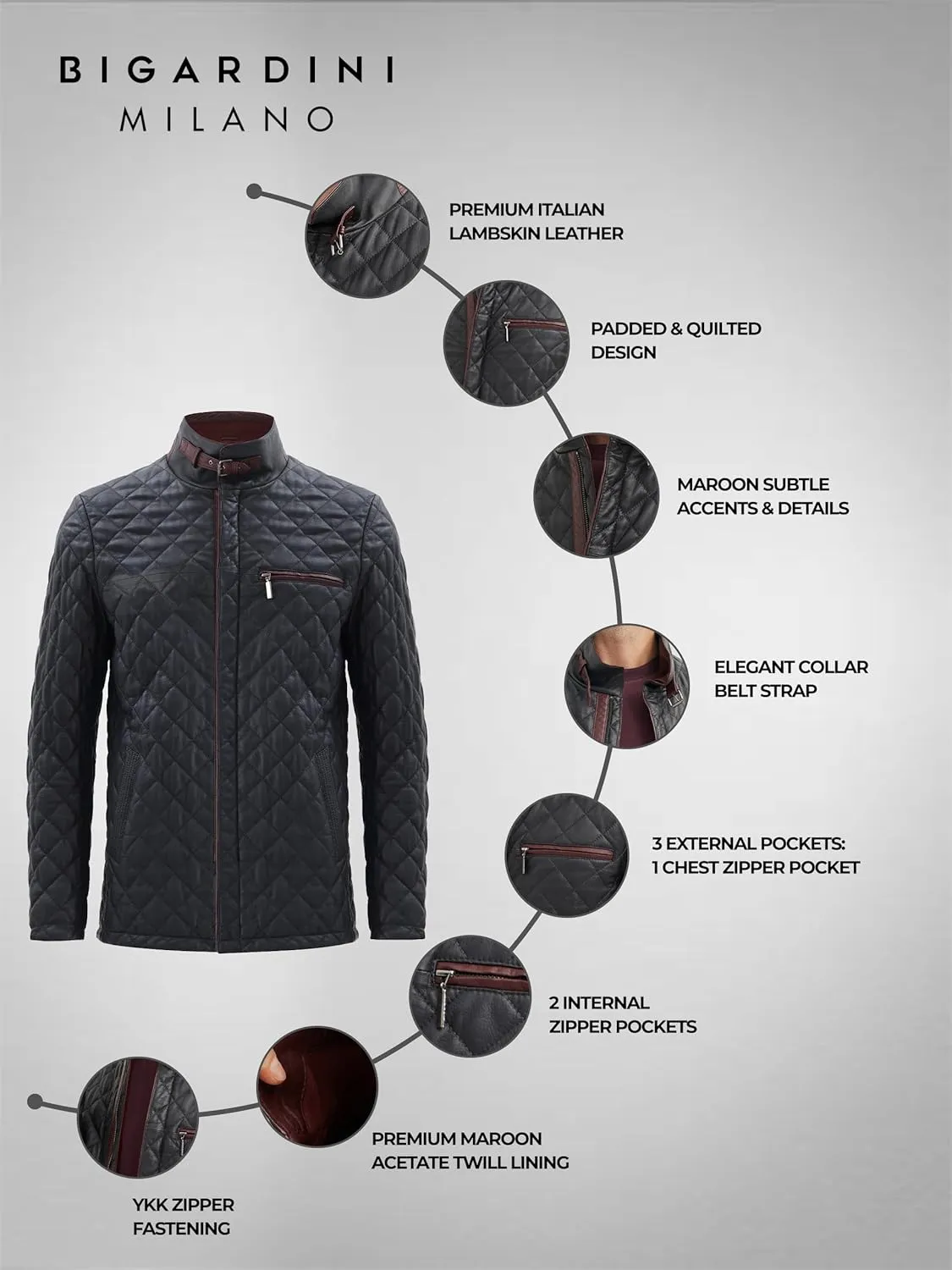 Men's Quilted Leather Coat - Real Lambskin Italian Leather Jacket (Navy/Burgundy)