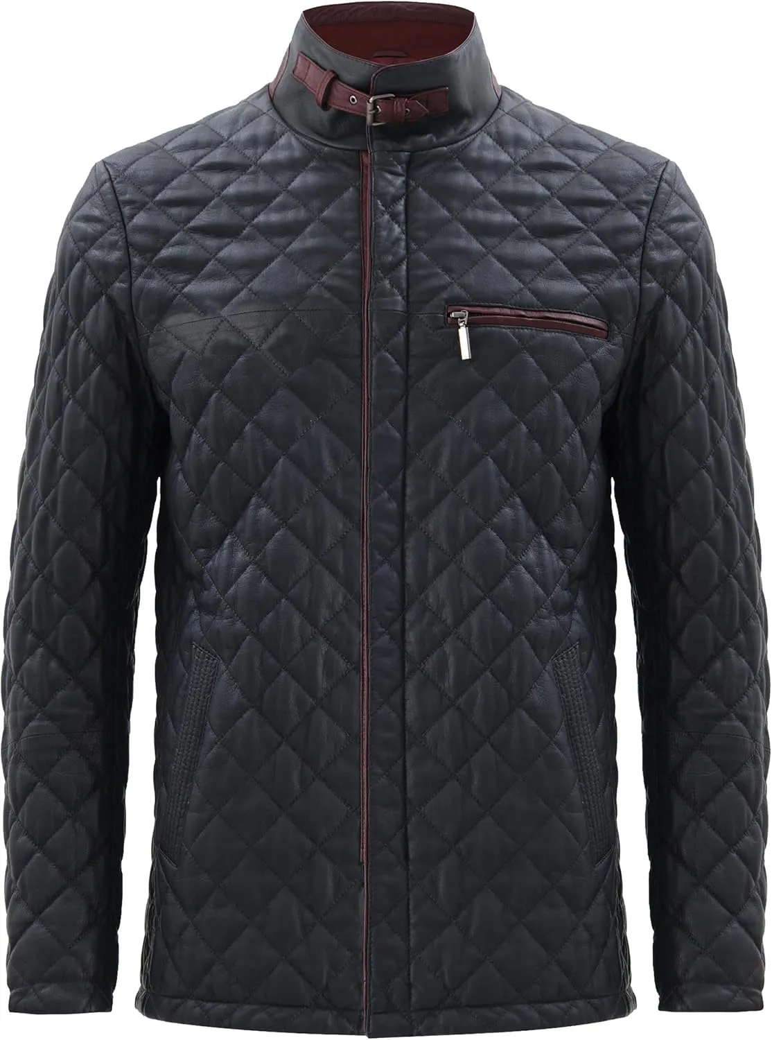 Men's Quilted Leather Coat - Real Lambskin Italian Leather Jacket (Navy/Burgundy)
