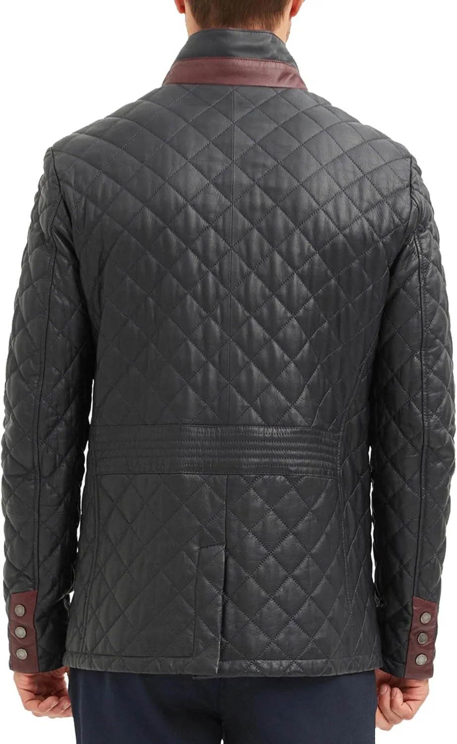 Men's Quilted Leather Coat - Real Lambskin Italian Leather Jacket (Navy/Burgundy)