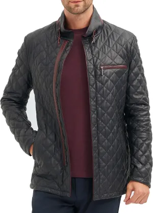 Men's Quilted Leather Coat - Real Lambskin Italian Leather Jacket (Navy/Burgundy)