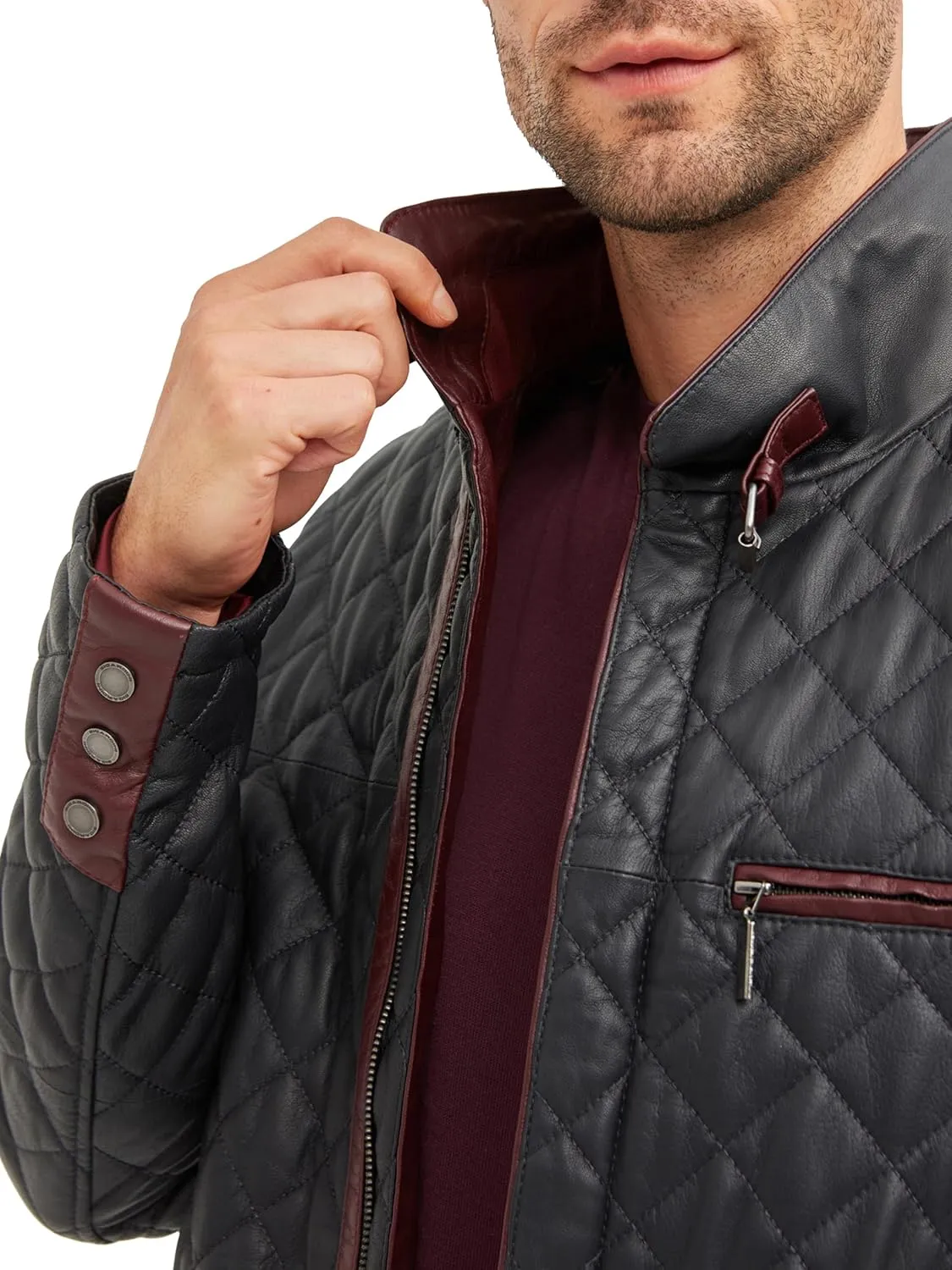 Men's Quilted Leather Coat - Real Lambskin Italian Leather Jacket (Navy/Burgundy)