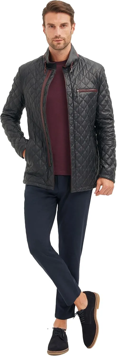 Men's Quilted Leather Coat - Real Lambskin Italian Leather Jacket (Navy/Burgundy)