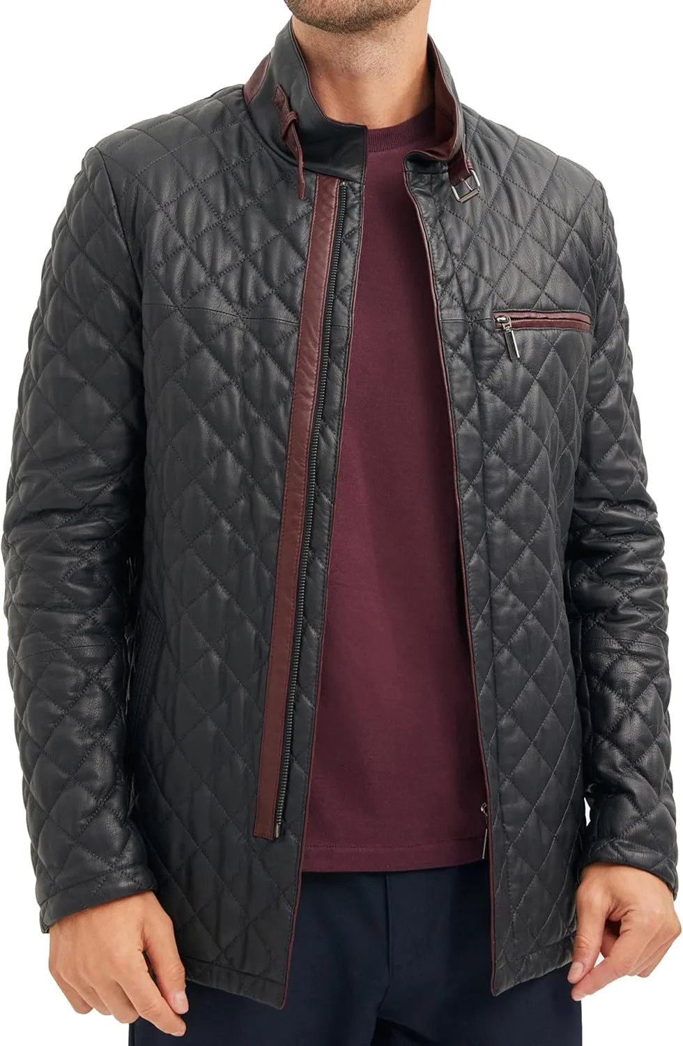 Men's Quilted Leather Coat - Real Lambskin Italian Leather Jacket (Navy/Burgundy)