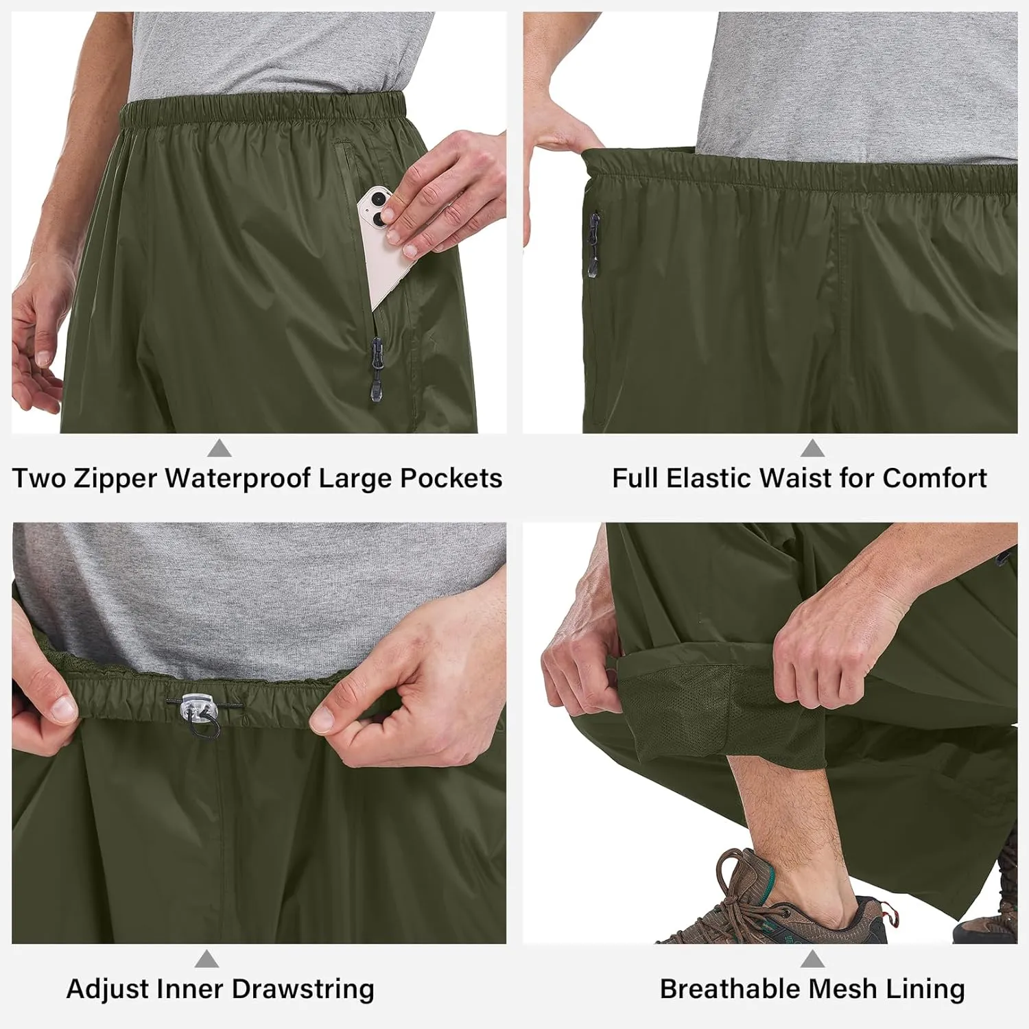 Mens Rain Pants Waterproof Windproof Hiking Outdoor Fishing Golf Cycling Pants