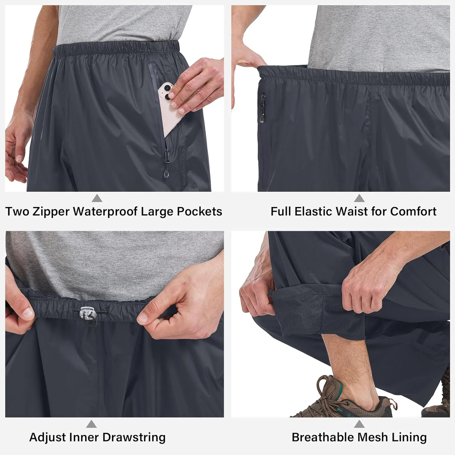 Mens Rain Pants Waterproof Windproof Hiking Outdoor Fishing Golf Cycling Pants