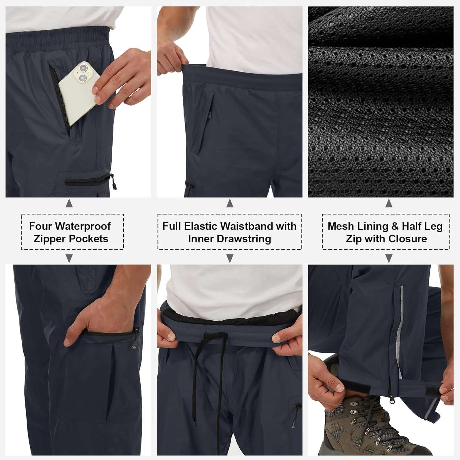 Mens Rain Pants Waterproof Windproof Hiking Pants for Outdoor Fishing Golf Motorcycle Cycling