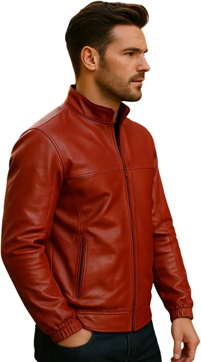 Mens Red Bomber Leather Jacket - Luke Place Beyond The Pines Ryan Gosling Leather Jacket