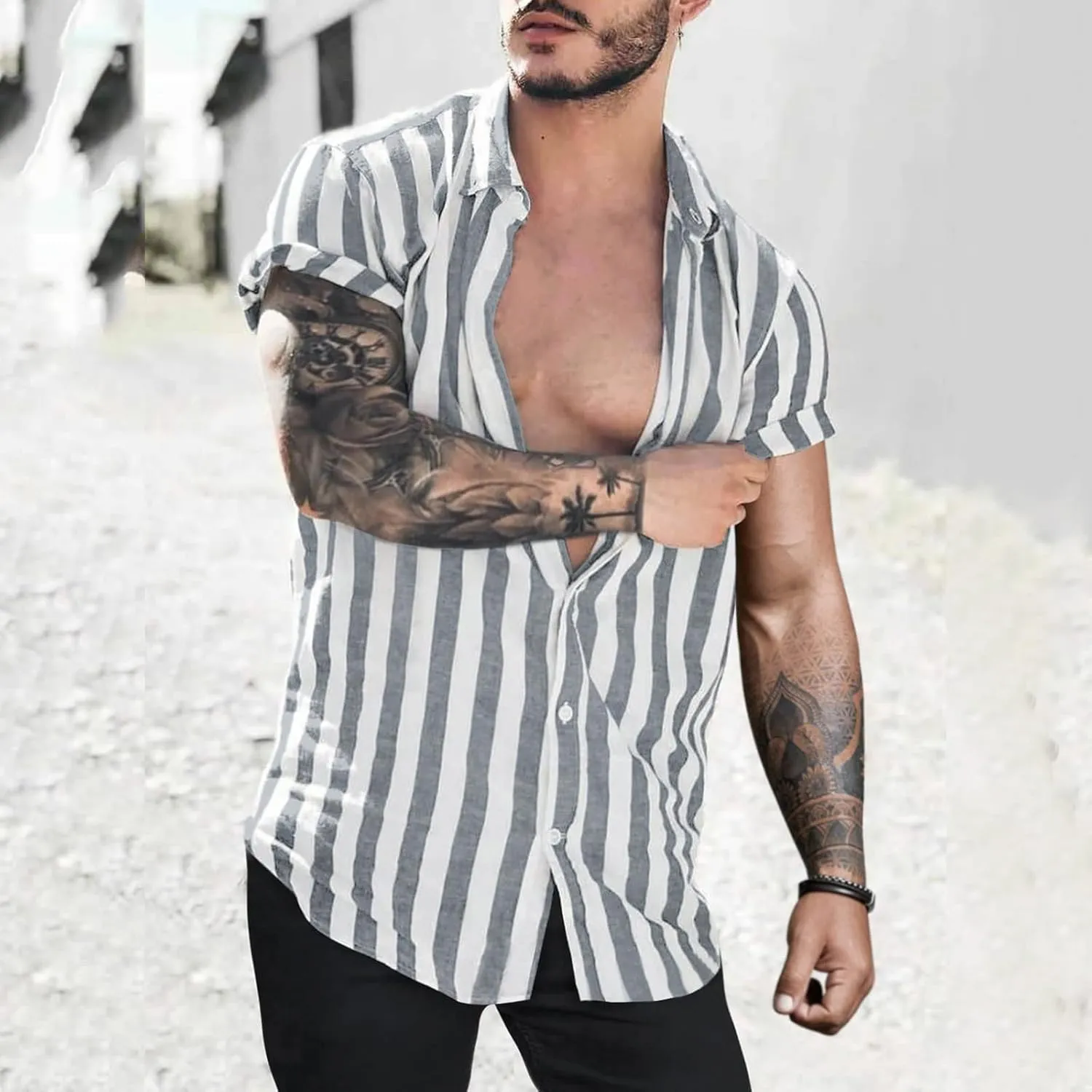 Mens Shirts Casual Men's Casual Button Down Shirt Short Sleeve Fashion Cotton Linen Striped Chambray Beach Shirts