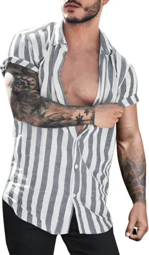 Mens Shirts Casual Men's Casual Button Down Shirt Short Sleeve Fashion Cotton Linen Striped Chambray Beach Shirts