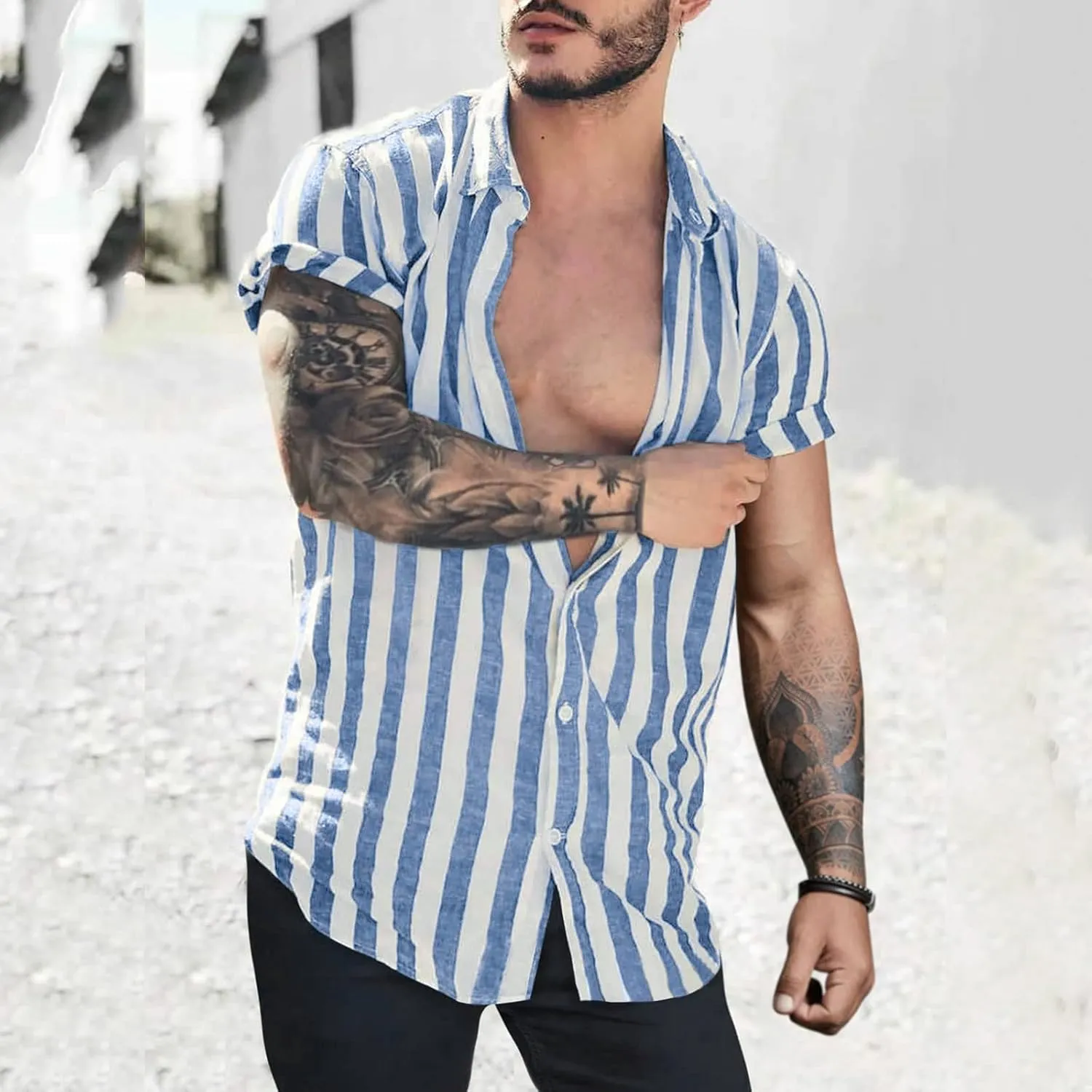 Mens Shirts Casual Men's Casual Button Down Shirt Short Sleeve Fashion Cotton Linen Striped Chambray Beach Shirts