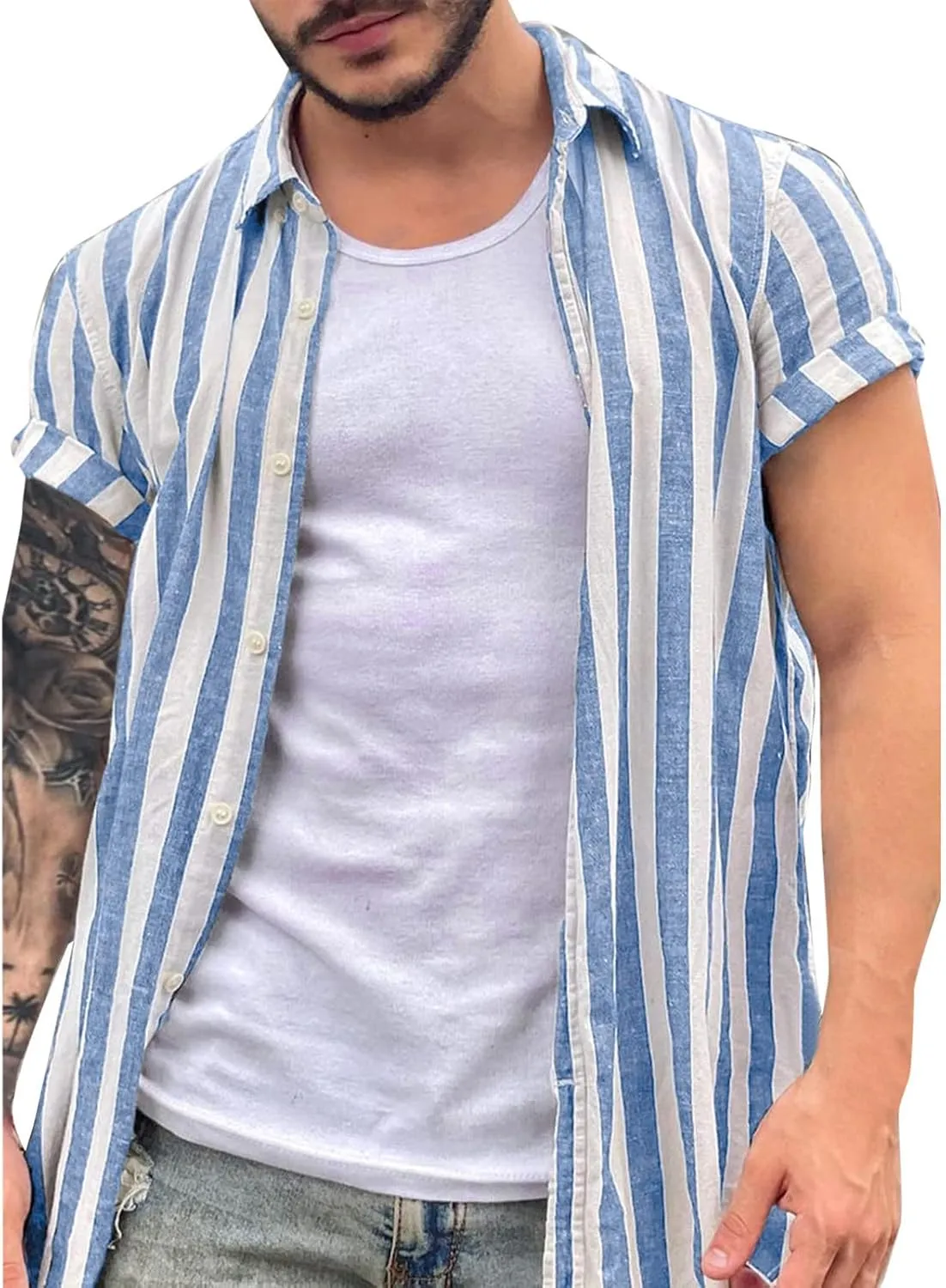Mens Shirts Casual Men's Casual Button Down Shirt Short Sleeve Fashion Cotton Linen Striped Chambray Beach Shirts