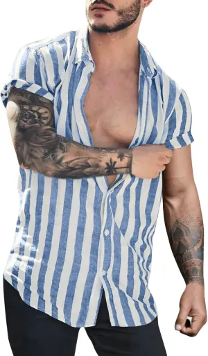 Mens Shirts Casual Men's Casual Button Down Shirt Short Sleeve Fashion Cotton Linen Striped Chambray Beach Shirts
