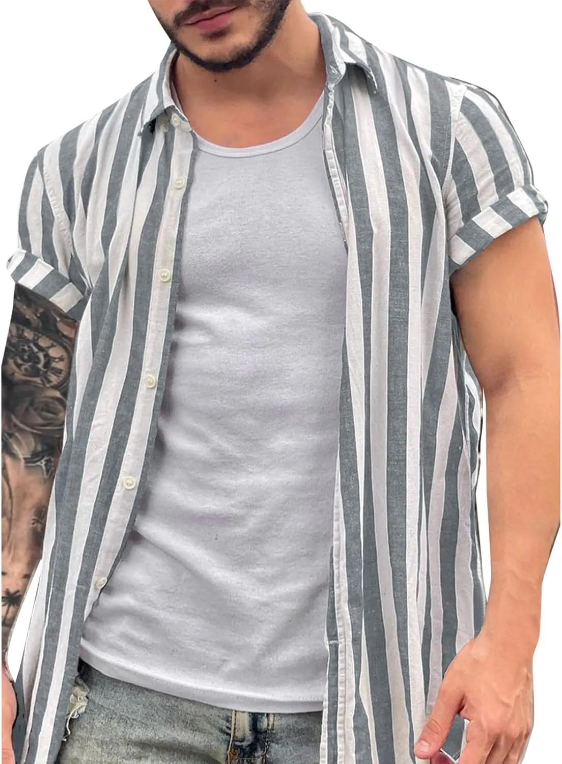 Mens Shirts Casual Men's Casual Button Down Shirt Short Sleeve Fashion Cotton Linen Striped Chambray Beach Shirts