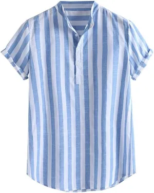 Mens Shirts Casual Men's Cotton Linen Henley Shirt Short Sleeve Button up V Neck Hippie Casual Beach T Shirt Blouses