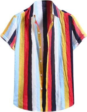 Mens Shirts Casual Men's Short Sleeve Button Down Summer Cotton Linen Striped Hawaiian Casual Holiday Aloha Shirt