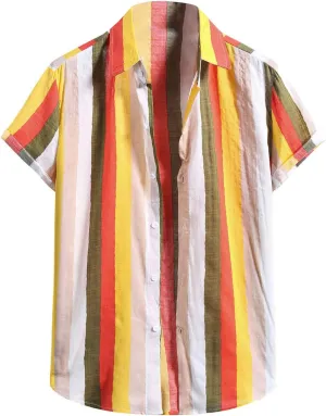 Mens Shirts Casual Men's Short Sleeve Button Down Summer Cotton Linen Striped Hawaiian Casual Holiday Aloha Shirt