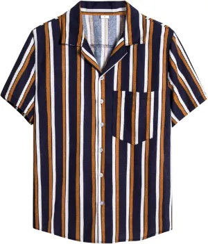 Mens Shirts Casual Men's Summer Short Sleeve Button Down Linen Striped Hawaiian Shirt Turn Down Holiday Aloha Shirt