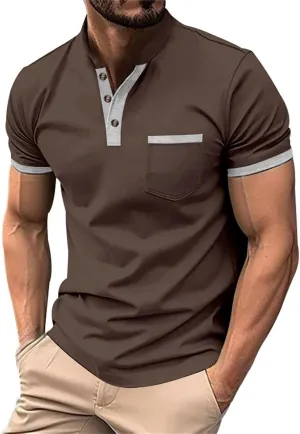 Mens Short Sleeve Henley Polo Shirts Cotton Casual Work Office Work T-Shirt Slim Fit Gym Fitness Muscle Basic Tees