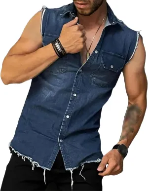 Mens Sleeveless Denim Shirt Slim Fit Casual Retro Button Vest Cowboy Front Pocket Shirts Vests
