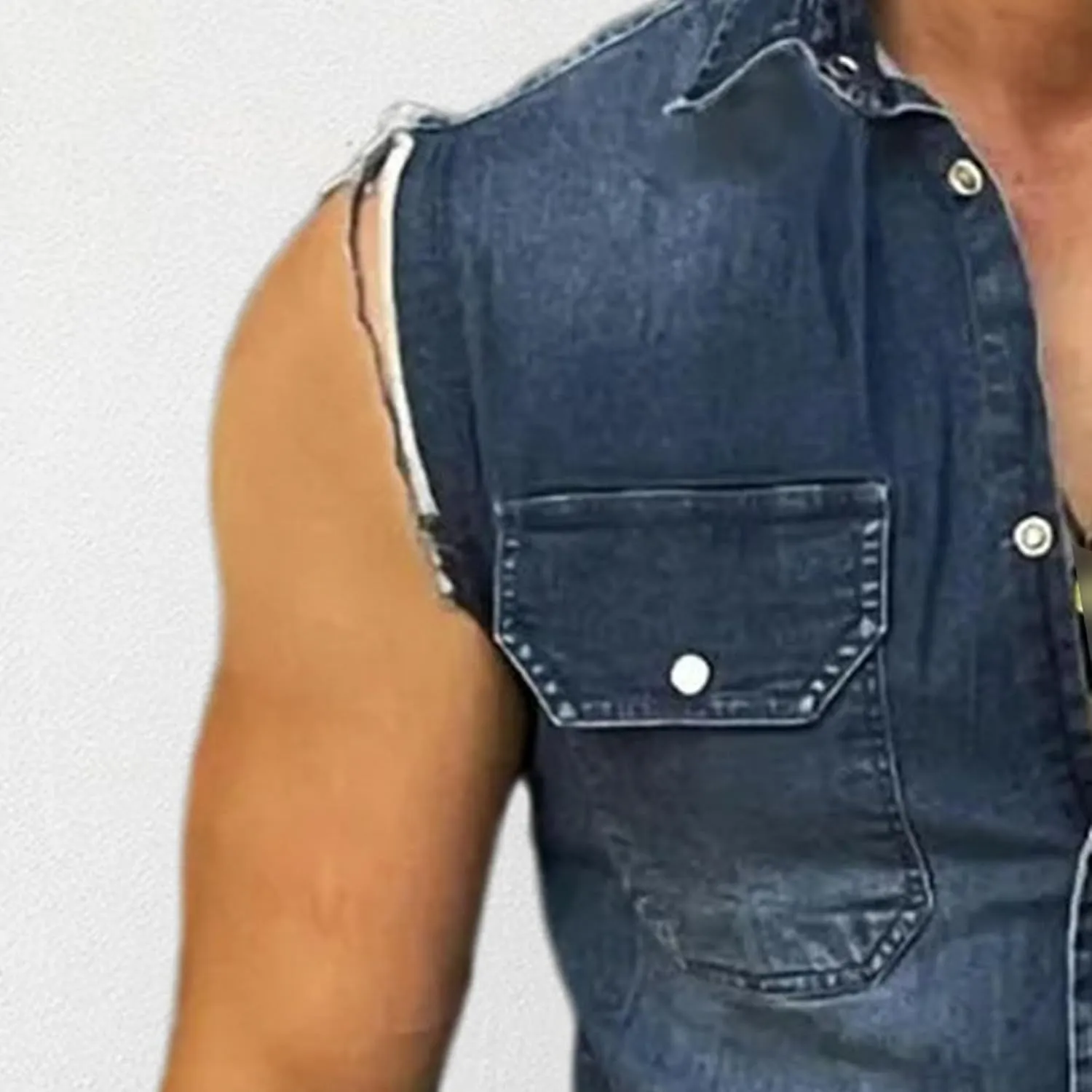 Mens Sleeveless Denim Shirt Slim Fit Casual Retro Button Vest Cowboy Front Pocket Shirts Vests