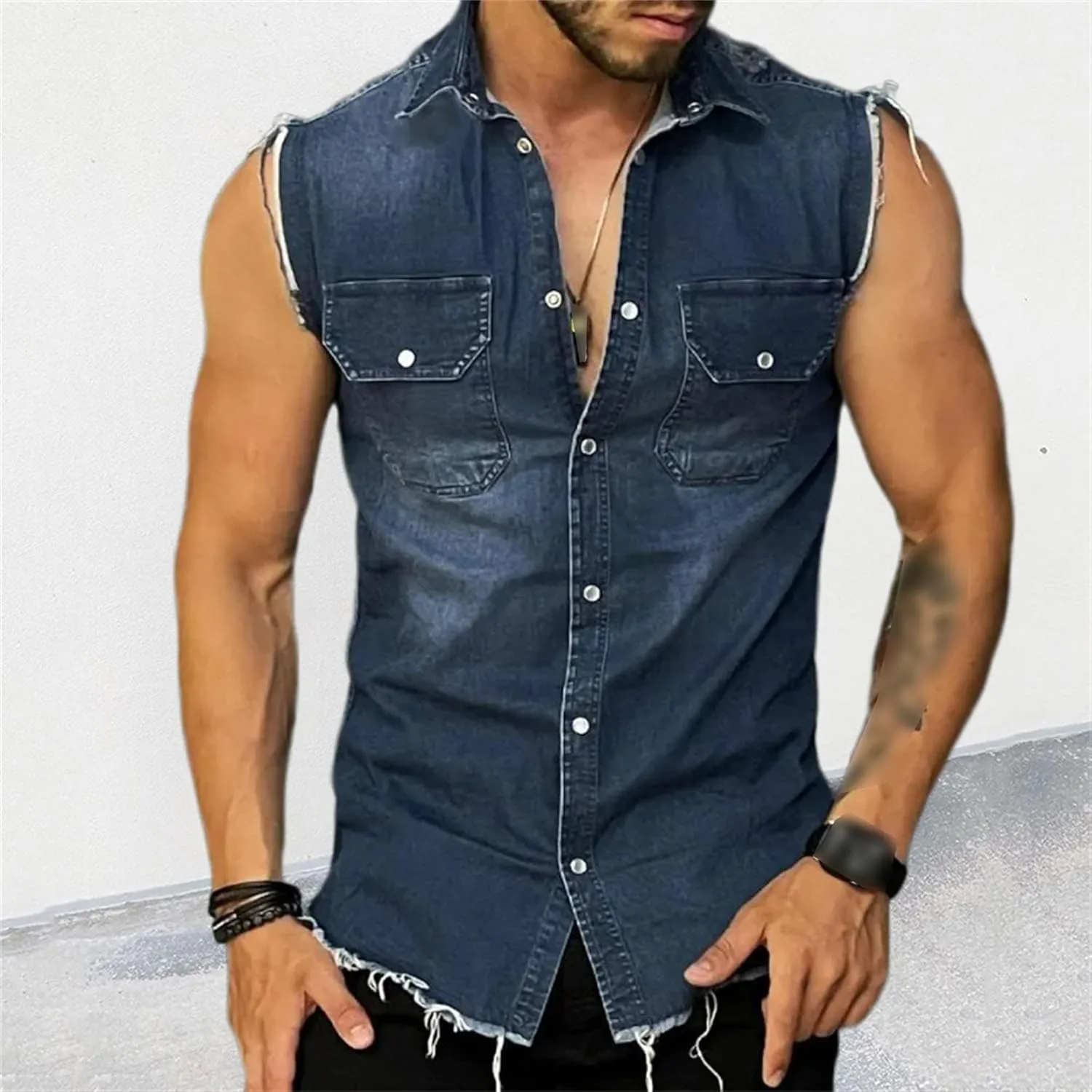 Mens Sleeveless Denim Shirt Slim Fit Casual Retro Button Vest Cowboy Front Pocket Shirts Vests