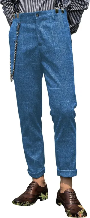 Mens Slim Fit Herringbone Tweed Wool Plaid Trousers Retro Dress Business Suit Pants