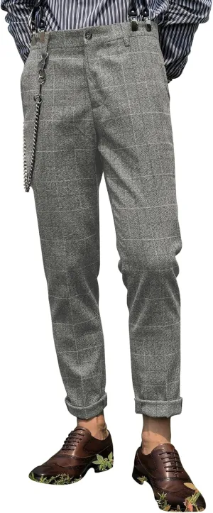Mens Slim Fit Herringbone Tweed Wool Plaid Trousers Retro Dress Business Suit Pants