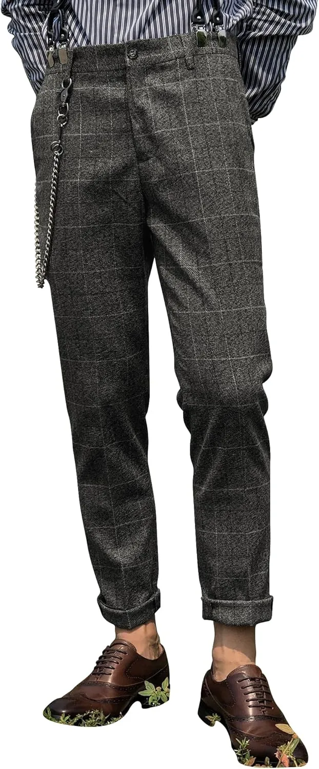 Mens Slim Fit Herringbone Tweed Wool Plaid Trousers Retro Dress Business Suit Pants