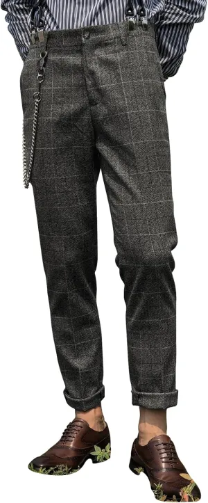 Mens Slim Fit Herringbone Tweed Wool Plaid Trousers Retro Dress Business Suit Pants