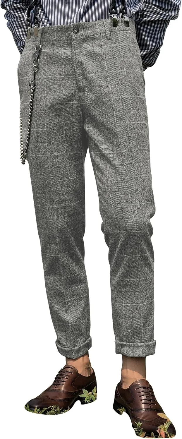 Mens Slim Fit Herringbone Tweed Wool Plaid Trousers Retro Dress Business Suit Pants