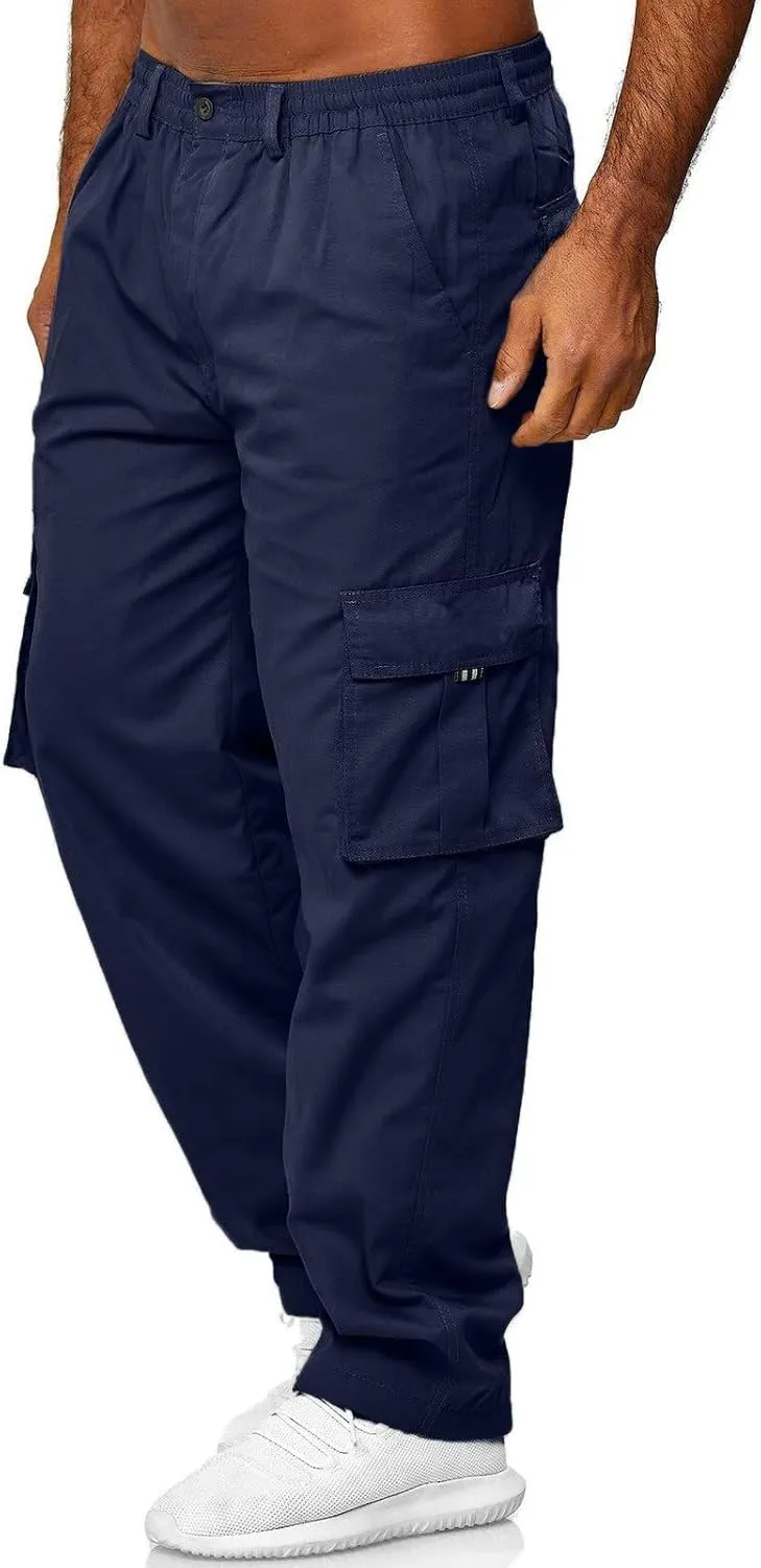 Men's Straight Leg Cargo Pants with Multi Pockets Summer Elastic Waist Relaxed Fit Outdoor Pant Athletic Workout Gym Outfits
