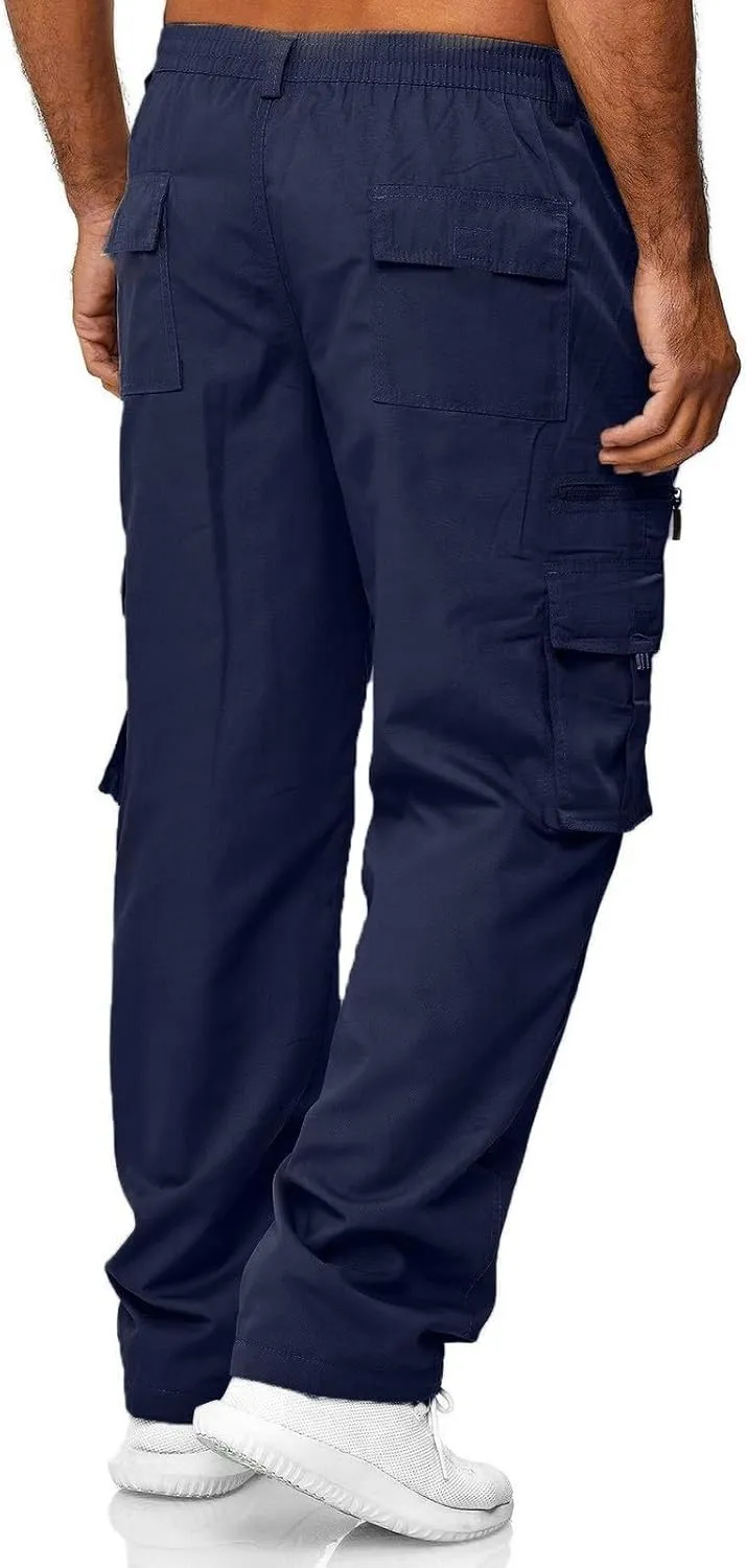 Men's Straight Leg Cargo Pants with Multi Pockets Summer Elastic Waist Relaxed Fit Outdoor Pant Athletic Workout Gym Outfits