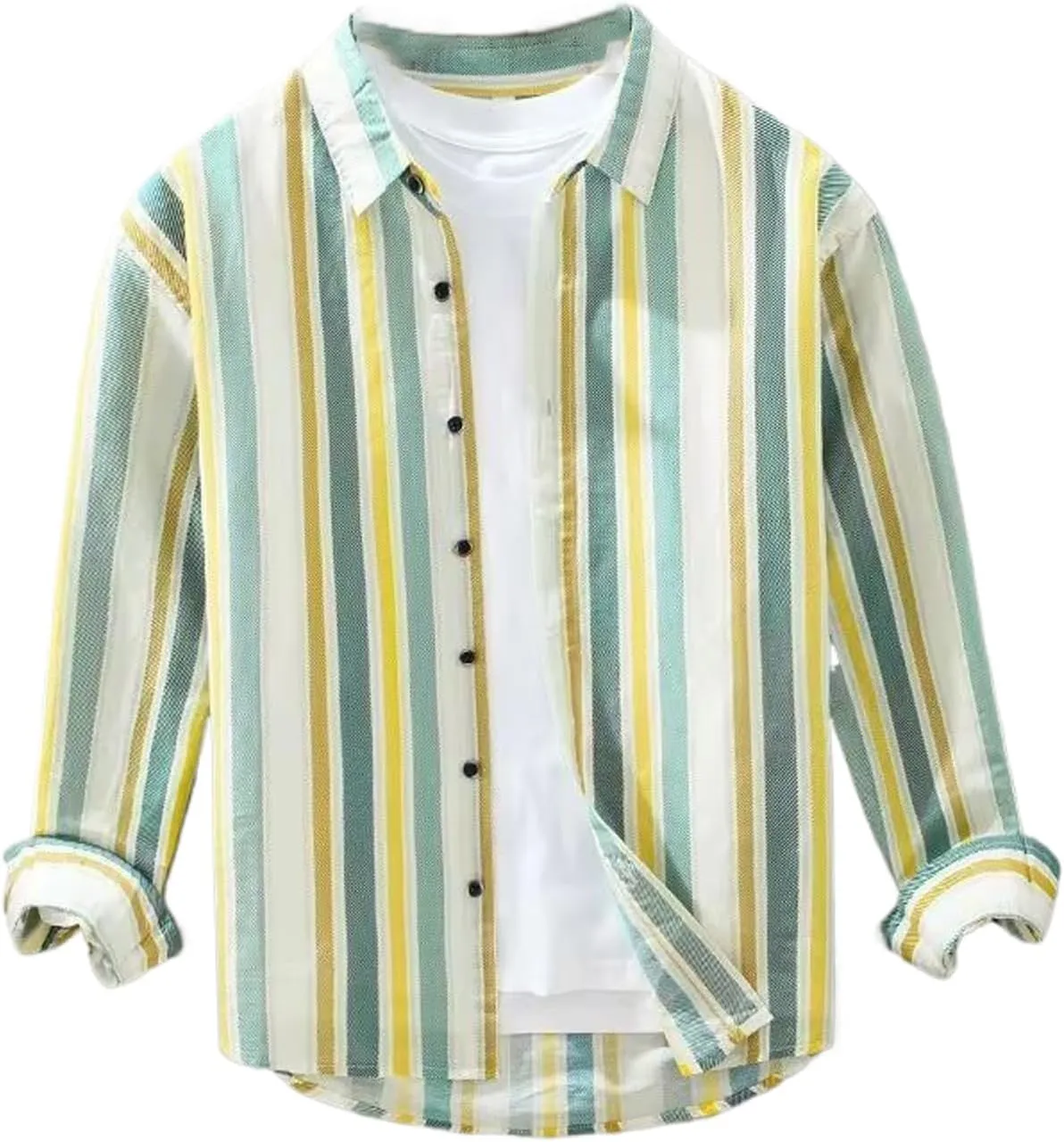 Men's Striped Linen Printed Long Sleeved Shirt Casual Breathable Cotton Linen Shirt
