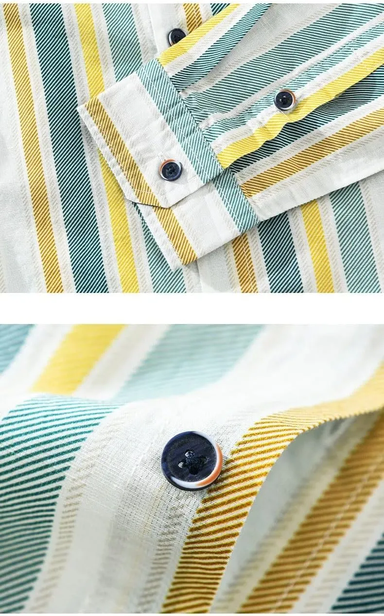 Men's Striped Linen Printed Long Sleeved Shirt Casual Breathable Cotton Linen Shirt