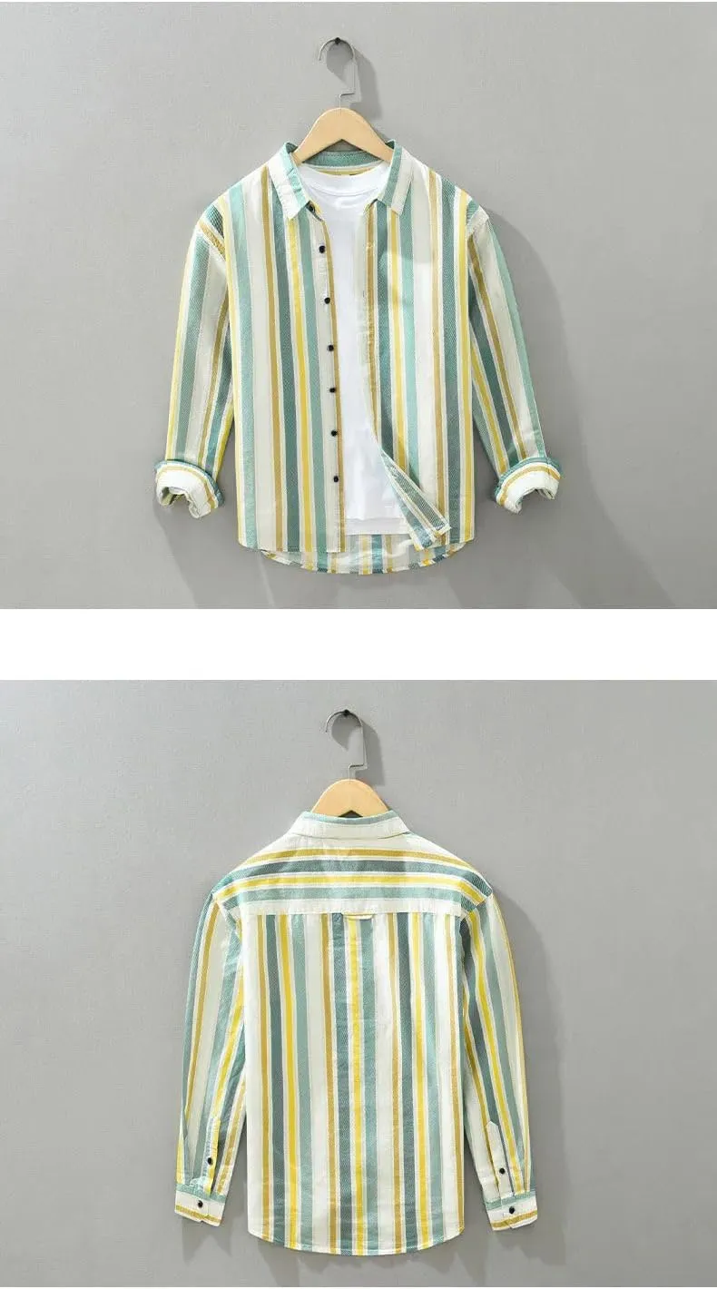 Men's Striped Linen Printed Long Sleeved Shirt Casual Breathable Cotton Linen Shirt