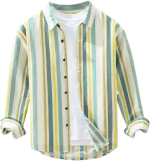 Men's Striped Linen Printed Long Sleeved Shirt Casual Breathable Cotton Linen Shirt