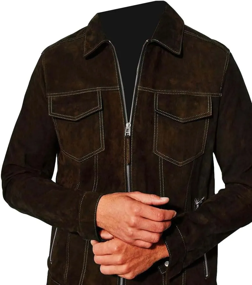 Mens Suede Leather Trucker Jacket Western Style Cowboy Leather Suede Jacket Trucker Suede Jacket For Mens
