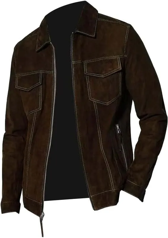 Mens Suede Leather Trucker Jacket Western Style Cowboy Leather Suede Jacket Trucker Suede Jacket For Mens
