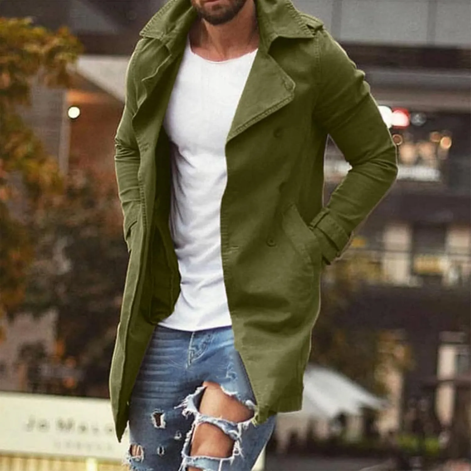 Men's Trench Coat Classic Single Breasted Slim Fit Lapel Business Overcoat Casual Lightweight Fall Winter Windproof Coat