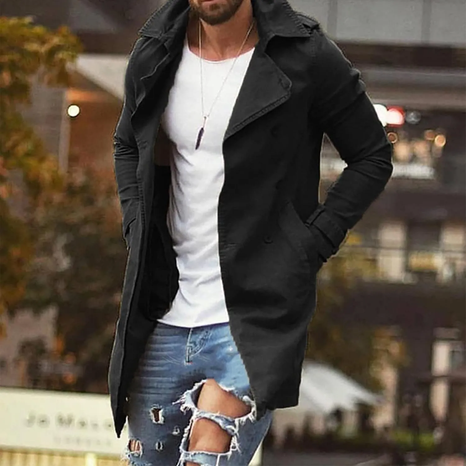 Men's Trench Coat Classic Single Breasted Slim Fit Lapel Business Overcoat Casual Lightweight Fall Winter Windproof Coat