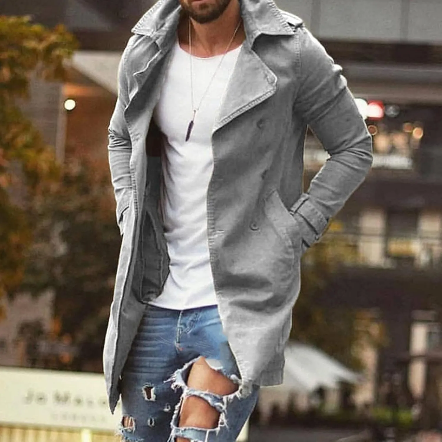Men's Trench Coat Classic Single Breasted Slim Fit Lapel Business Overcoat Casual Lightweight Fall Winter Windproof Coat