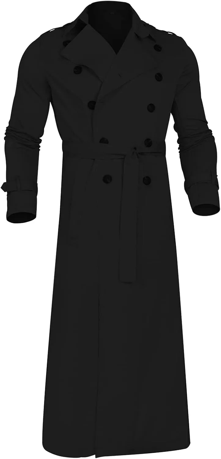 Men's Trench Coat Full Length Double Breasted Lapel Long Coat Casual Slim Fit Fall Winter Classic Stylish Business Overcoat