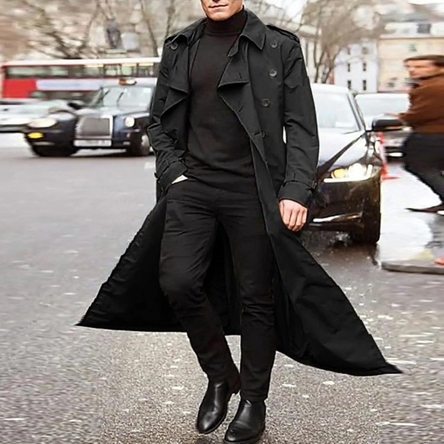 Men's Trench Coat Full Length Double Breasted Lapel Long Coat Casual Slim Fit Fall Winter Classic Stylish Business Overcoat