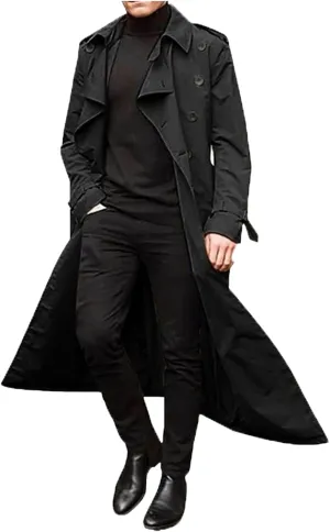 Men's Trench Coat Full Length Double Breasted Lapel Long Coat Casual Slim Fit Fall Winter Classic Stylish Business Overcoat