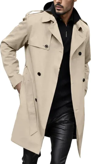 Men's Trench Coat Slim fit Double Breasted Belted Windbreaker Jacket Lapel Long Casual Windproof Overcoat
