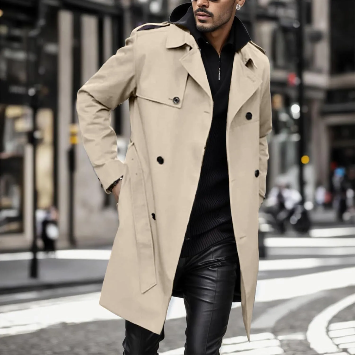 Men's Trench Coat Slim fit Double Breasted Belted Windbreaker Jacket Lapel Long Casual Windproof Overcoat