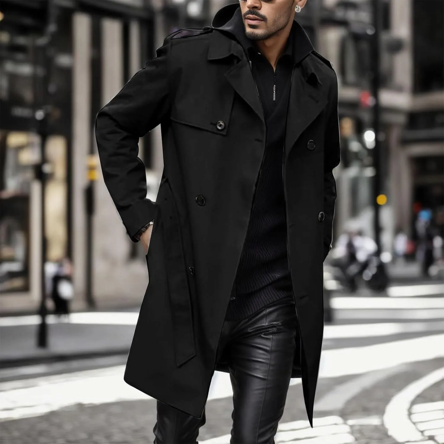Men's Trench Coat Slim fit Double Breasted Belted Windbreaker Jacket Lapel Long Casual Windproof Overcoat