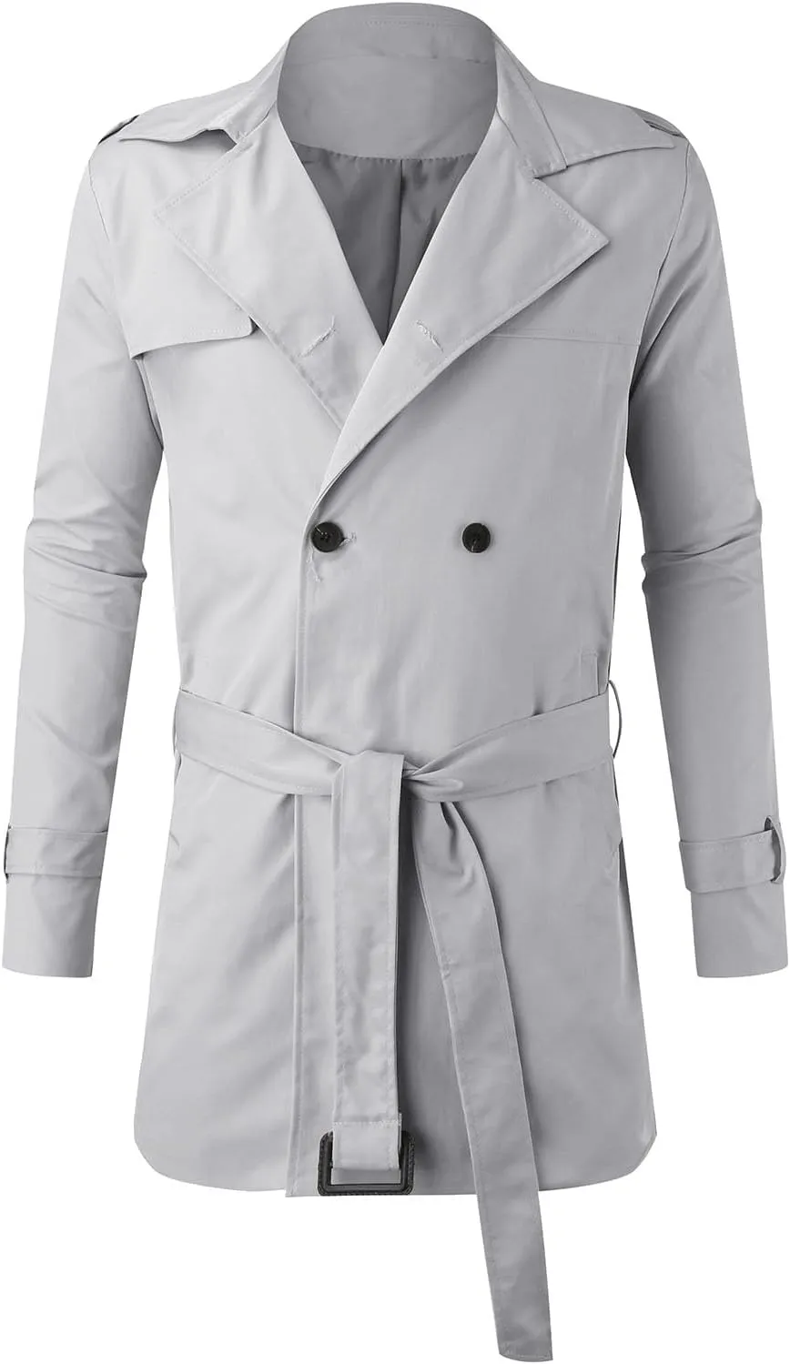 Men's Trench Coat Slim fit Double Breasted Belted Windbreaker Jacket Lapel Long Casual Windproof Overcoat