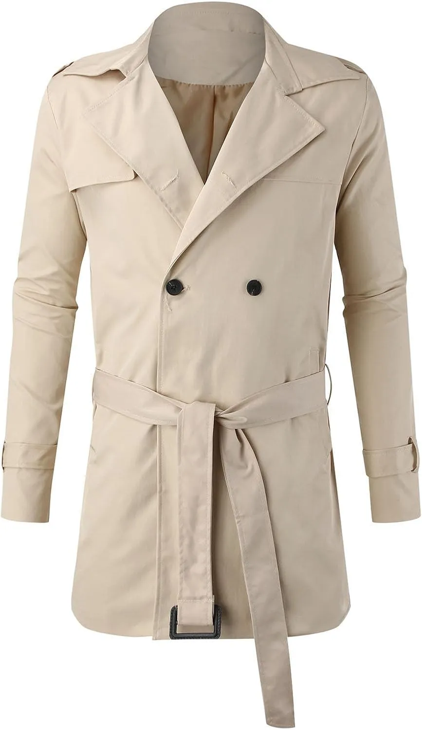 Men's Trench Coat Slim fit Double Breasted Belted Windbreaker Jacket Lapel Long Casual Windproof Overcoat