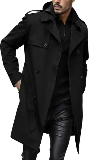 Men's Trench Coat Slim fit Double Breasted Belted Windbreaker Jacket Lapel Long Casual Windproof Overcoat